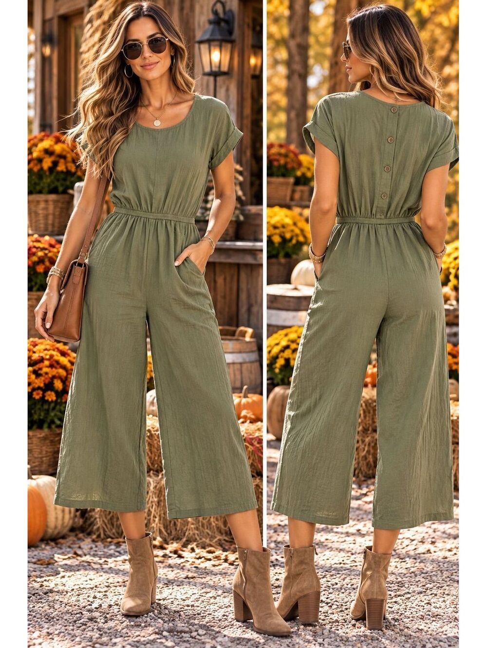 Green wide leg cropped jumpsuit with pockets